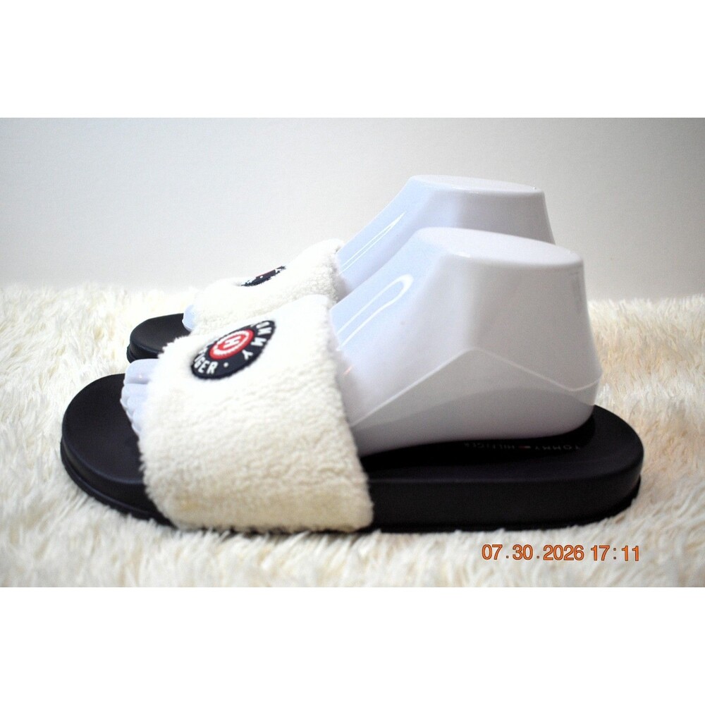 TOMMY HILFIGER Dotty Logo Ivory Faux Fur Flat Soft Slides - Women's Size 9
